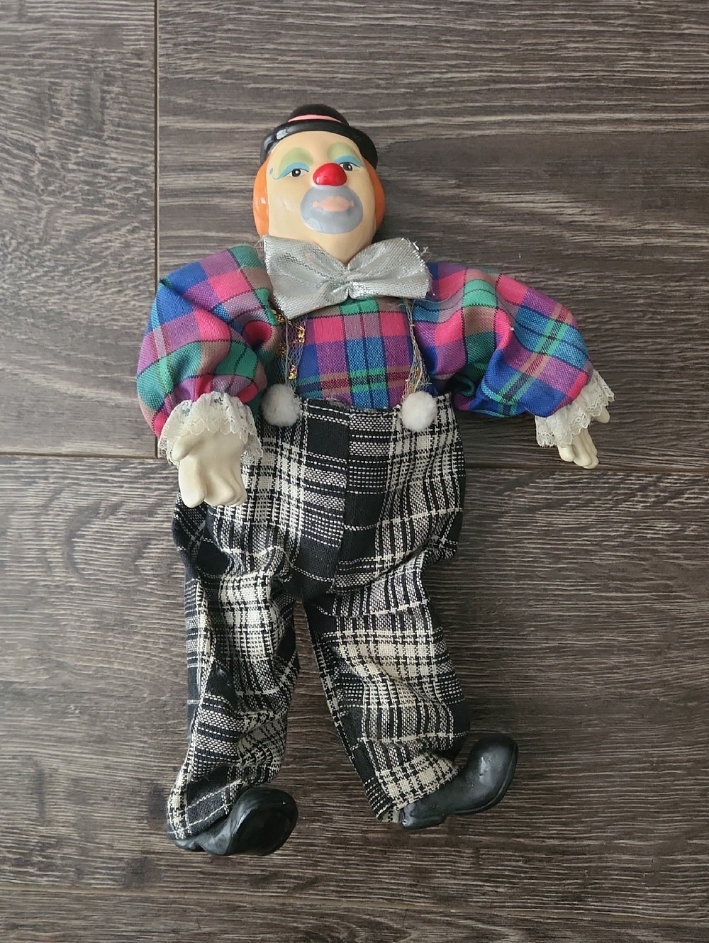 Vintage 80s porcelain head clown figurine doll with a plaid outfit
